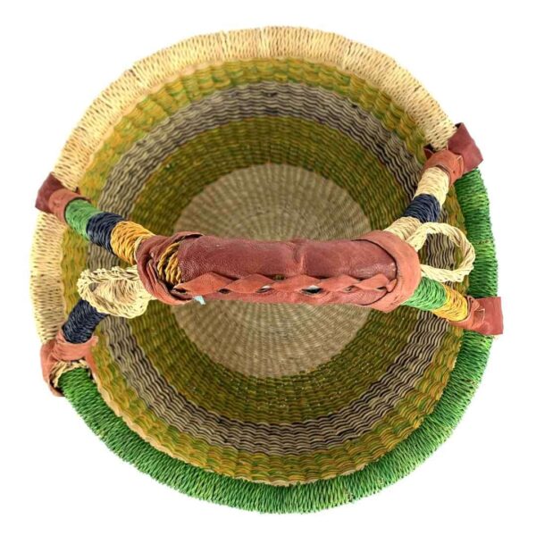 medium-round-basket-686-wilson-fresh-tone-banded-bolga-woven-bashiri-2 Top view of the fresh-toned banded medium round Bolga basket showing the woven interior and handle