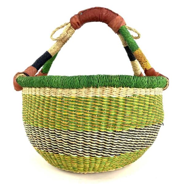 medium-round-basket-686-wilson-fresh-tone-banded-bolga-woven-bashiri-3 Front view of the fresh-toned banded medium round Bolga basket, handwoven from elephant grass