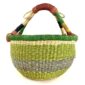 Front view of the fresh-toned banded medium round Bolga basket, handwoven from elephant grass