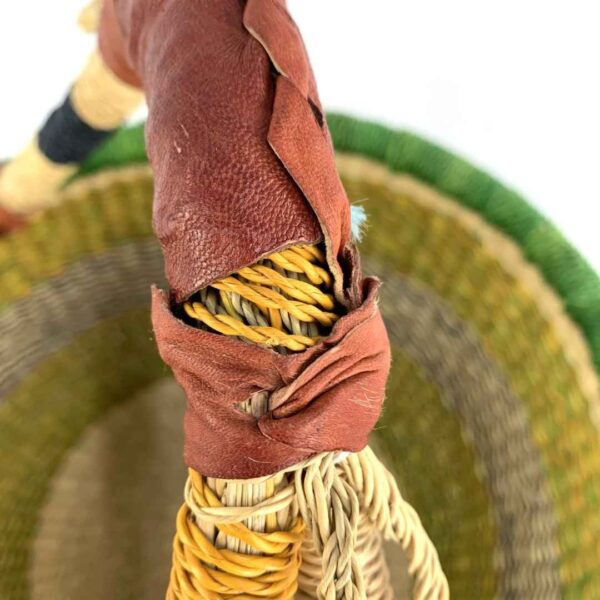 medium-round-basket-686-wilson-fresh-tone-banded-bolga-woven-bashiri-4 Close-up of the incomplete leather wrap where the handle meets the grass