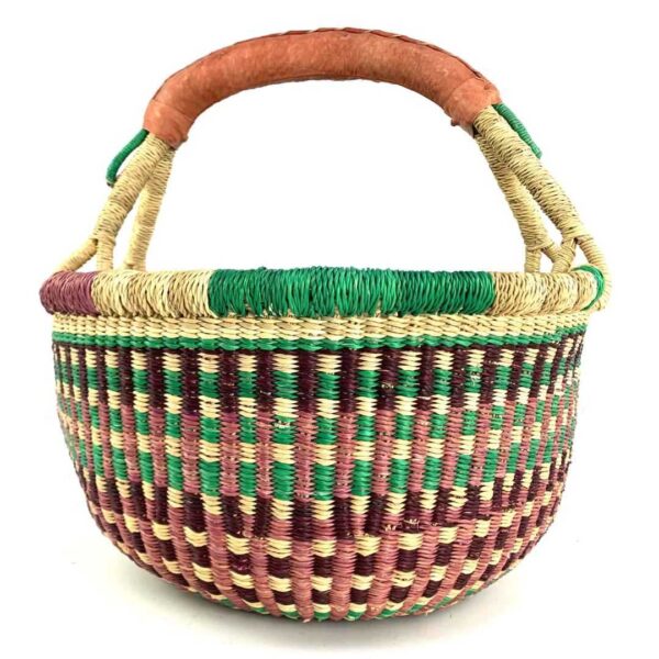 medium-round-basket-687-blossom-rich-tone-checked-bolga-african-basket-bashiri-3 Front view of the rich-toned checked medium round Bolga basket, handwoven from elephant grass