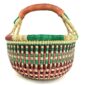 Front view of the rich-toned checked medium round Bolga basket, handwoven from elephant grass