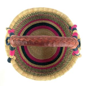 medium-round-basket-688-matador-two-tone-diamond-bolga-woven-bashiri-2 Top view of the two-tone diamond-pattern medium round Bolga basket showing the woven interior and handle