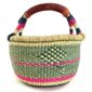 Front view of the two-tone diamond-pattern medium round Bolga basket, handwoven from elephant grass