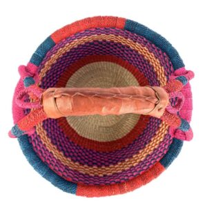 medium-round-basket-690-moss-bright-multi-tone-checked-bolga-woven-bashiri-2 Top view of the bright checked medium round Bolga basket showing the woven interior and handle