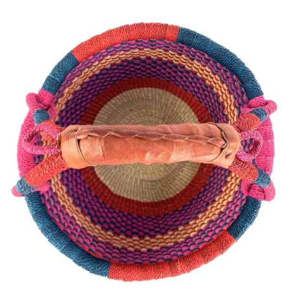 medium-round-basket-690-moss-bright-multi-tone-checked-bolga-woven-bashiri-2 Top view of the bright checked medium round Bolga basket showing the woven interior and handle