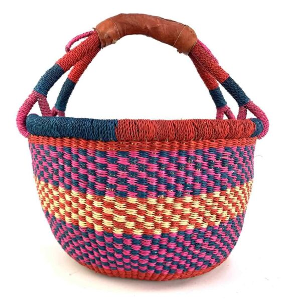 medium-round-basket-690-moss-bright-multi-tone-checked-bolga-woven-bashiri-3 Front view of the bright checked medium round Bolga basket, handwoven from elephant grass