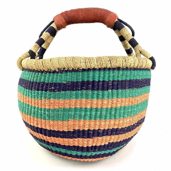 medium-round-basket-691-slipandslide-cool-warm-striped-bolga-african-basket-bashiri-3 Front view of the cool and warm striped medium round Bolga basket, handwoven from elephant grass