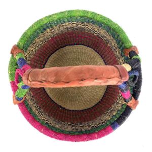 Top view of the rich-toned zigzag medium round Bolga basket showing the woven interior and handle