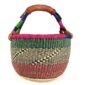 Front view of the rich-toned zigzag medium round Bolga basket, handwoven from elephant grass