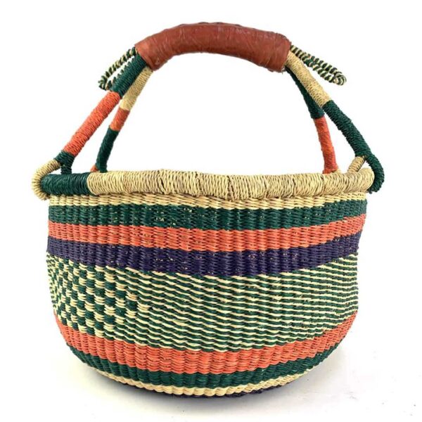 medium-round-basket-693-charm-deep-tone-striped-bolga-african-basket-bashiri-3 Front view of the deep-toned striped medium round Bolga basket, handwoven from elephant grass