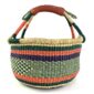 Front view of the deep-toned striped medium round Bolga basket, handwoven from elephant grass