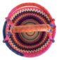 Top view of the bright stepped-stripe medium round Bolga basket showing the woven interior and handle