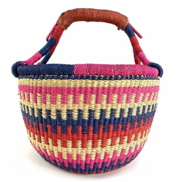 medium-round-basket-694-lucky-bright-stepped-stripe-bolga-woven-bashiri-3 Front view of the bright stepped-stripe medium round Bolga basket, handwoven from elephant grass