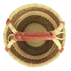Top view of the neutral-toned medium round Bolga basket with a dark diagonal pattern showing the woven interior and handle