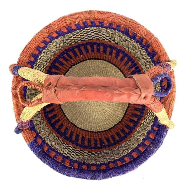 medium-round-basket-696-halfmoon-deep-warm-checked-bolga-woven-bashiri-2 Top view of the deep warm-toned checked medium round Bolga basket showing the woven interior and handle