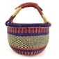 Front view of the deep warm-toned checked medium round Bolga basket, handwoven from elephant grass