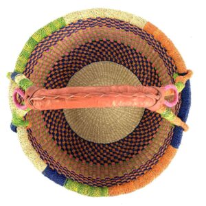 Top view of the multi-tone checked medium round Bolga basket showing the woven interior and handle