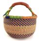 Front view of the multi-tone checked medium round Bolga basket, handwoven from elephant grass