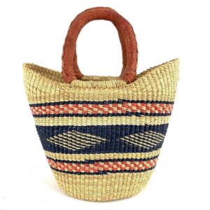 mini-african-market-basket-332-sleuth-bashiri-2 Front view of the mini market basket with a deep-toned diamond band and warm accent stripes