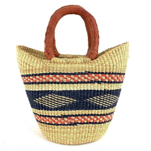 mini-african-market-basket-332-sleuth-bashiri-2 Front view of the mini market basket with a deep-toned diamond band and warm accent stripes