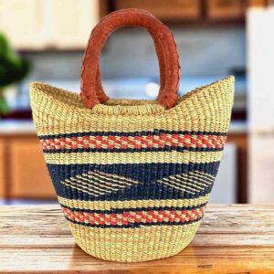 Mini market basket with a deep-toned diamond band and warm accent stripes and leather-wrapped handles