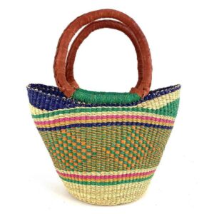 mini-african-market-basket-342-afotey-bashiri-2 Front view of the mini market basket with bright rim bands over a soft, earthy patterned body