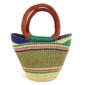 Front view of the mini market basket with bright rim bands over a soft, earthy patterned body