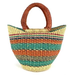 Front view of the mini market basket with bold stripes in bright warm and cool tones