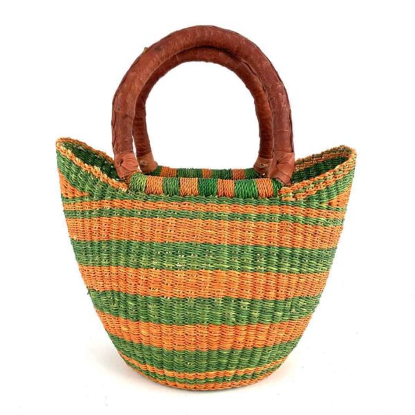 mini-bolga-market-basket-338-lap-bashiri-2 Front view of the mini market basket with broad stripes in warm and fresh tones
