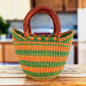 Mini market basket with broad stripes in warm and fresh tones and leather-wrapped handles