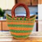 Mini market basket with broad stripes in warm and fresh tones and leather-wrapped handles