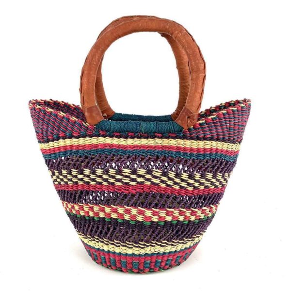mini-bolga-market-basket-339-mankata-bashiri-2 Front view of the mini market basket with fine stripes in deep, jewel-like tones