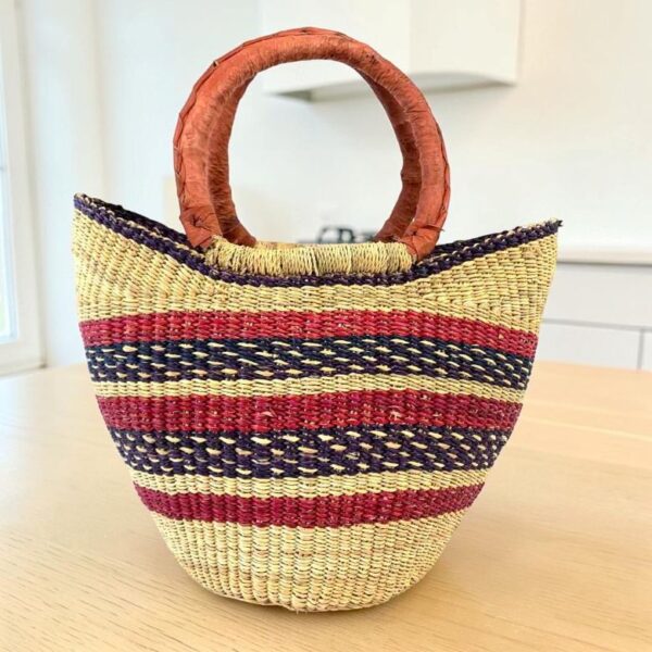 Mini Bolga market basket handwoven from sustainable elephant grass in Ghana