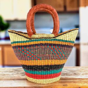 Mini market basket with close stripes in deep and bright tones and leather-wrapped handles