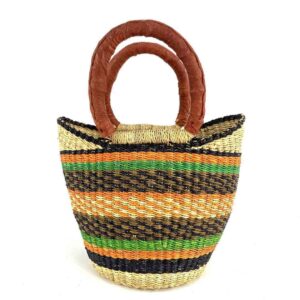 mini-woven-market-basket-336-fullhouse-bashiri-2 Front view of the mini market basket with bold stripes in a deeper multicolour mix