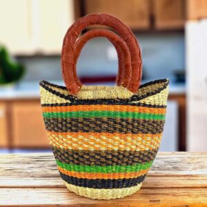 Mini market basket with bold stripes in a deeper multicolour mix and leather-wrapped handles