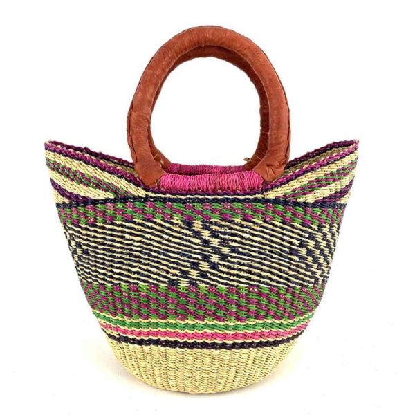 mini-woven-market-basket-340-odai-bashiri-2 Front view of the mini market basket with a dark geometric pattern with a bright rim accent