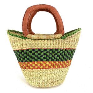 mini-woven-market-basket-341-botey-bashiri-2 Front view of the mini market basket with a bold chequered band in deep tones