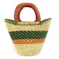 Front view of the mini market basket with a bold chequered band in deep tones