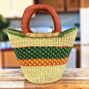Mini market basket with a bold chequered band in deep tones and leather-wrapped handles