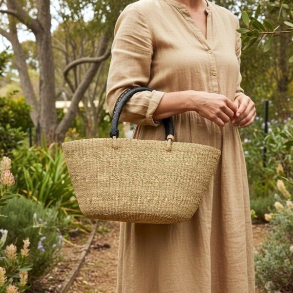 natural bolga basket black leather handles - shopper Bolga shopper woven basket