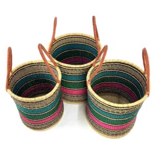 Set of three teal and pink open laundry baskets in small, medium and large