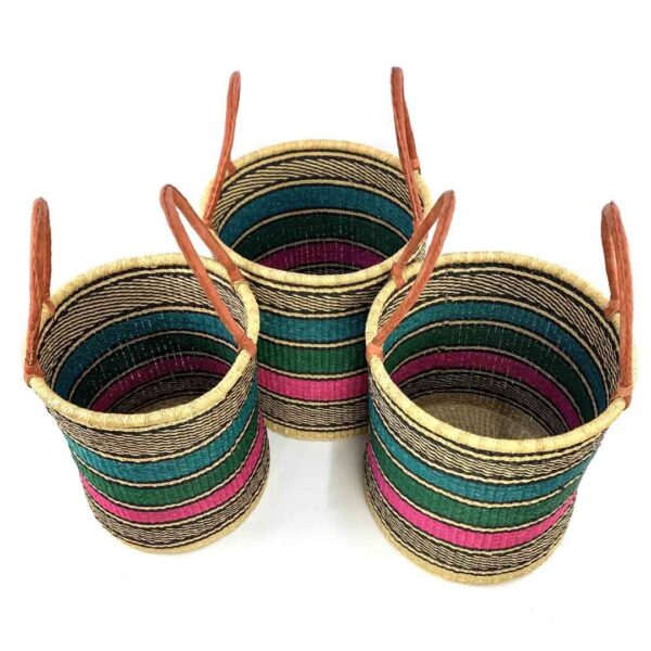 open-laundry-basket-116-spandex-teal-pink-set-bolga-woven-bashiri-2 Set of three teal and pink open laundry baskets in small, medium and large