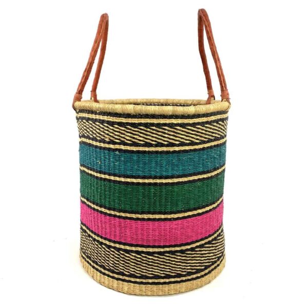 open-laundry-basket-116-spandex-teal-pink-set-bolga-woven-bashiri-3 Front view of the open laundry basket with teal, green and pink bands with black checked rims and tall leather handles on a white background