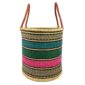 Front view of the open laundry basket with teal, green and pink bands with black checked rims and tall leather handles on a white background
