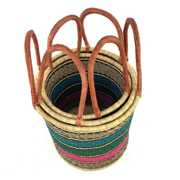 open-laundry-basket-116-spandex-teal-pink-set-bolga-woven-bashiri-4 Three teal and pink open laundry baskets nested inside each other