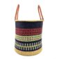 Front view of the open laundry basket with navy and red bands with a pale green check and tall leather handles on a white background