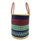 Front view of the open laundry basket with navy, red and mint green bands and tall leather handles on a white background