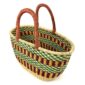 Angled view of the oval Bolga basket with a green checkered band over maroon and gold stripes, showing the woven interior